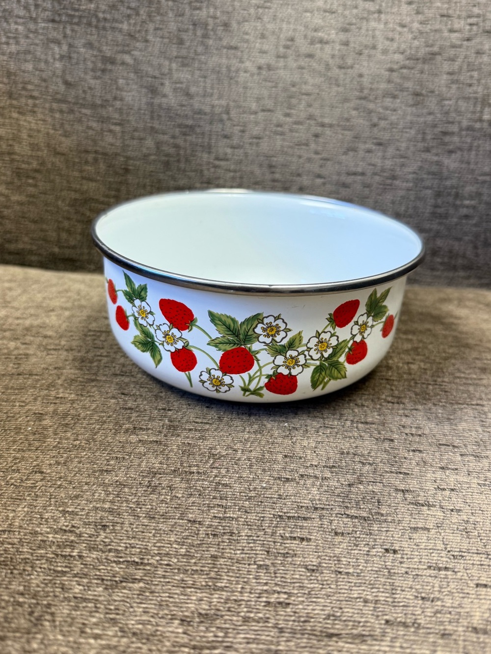 Vintage White Metal and Enamel Strawberry and Floral Design Bowl.